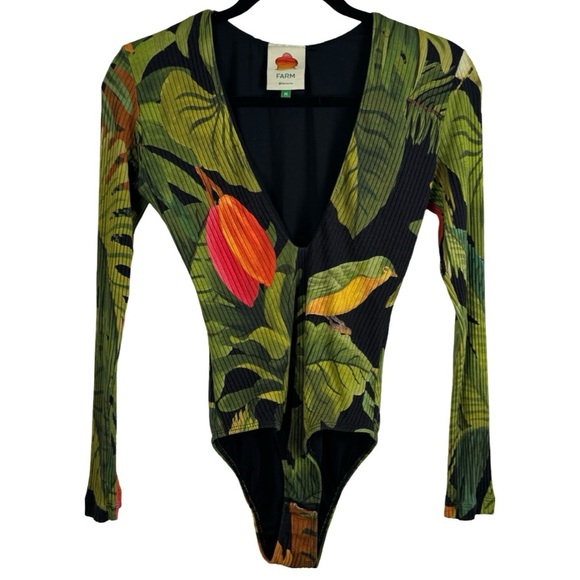 FARM Rio Tops - FARM Rio Cocoa Forest Long Sleeve Bodysuit Black & Green Poly & Elastane Size M
